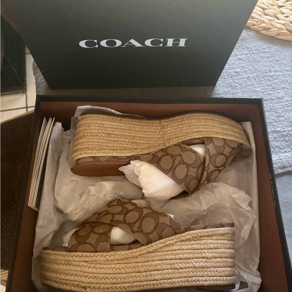 Coach Brown Signature Canvas Espadrille Wedge Sandals